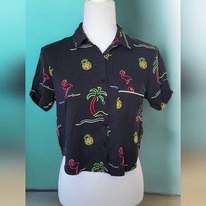 Forever 21 Black Tropical Neon Print Women's Button Down Shirt, Size Small